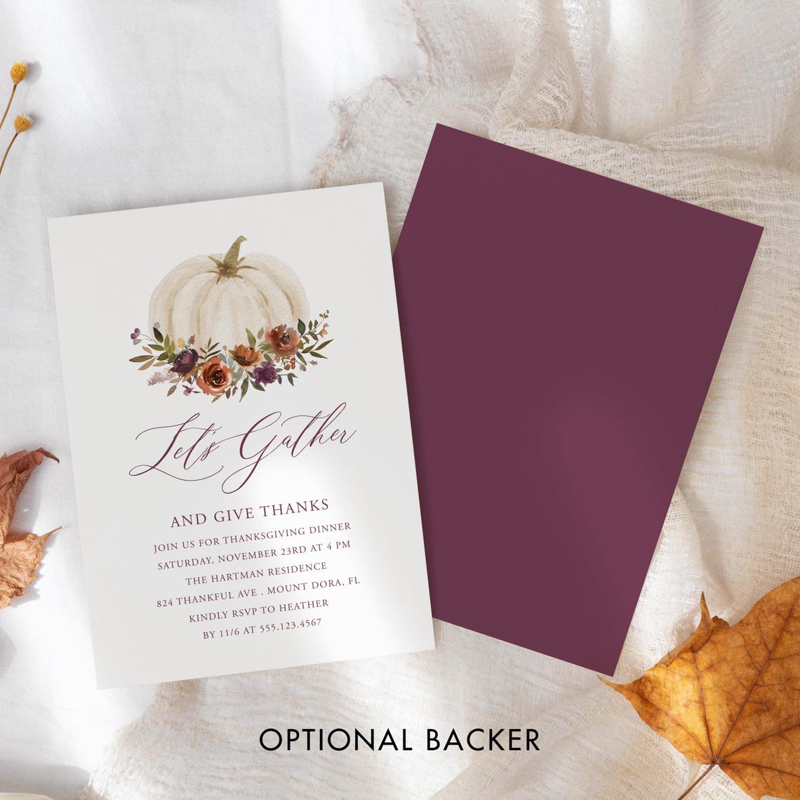 Elegant Lets Gather White Pumpkin Thanksgiving Invitation Print - Image 3