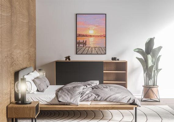 Sunset Pier Wall Art Seascape Print Relaxing Lake View Painting Warm Tones Decor Nature Artwork Instant