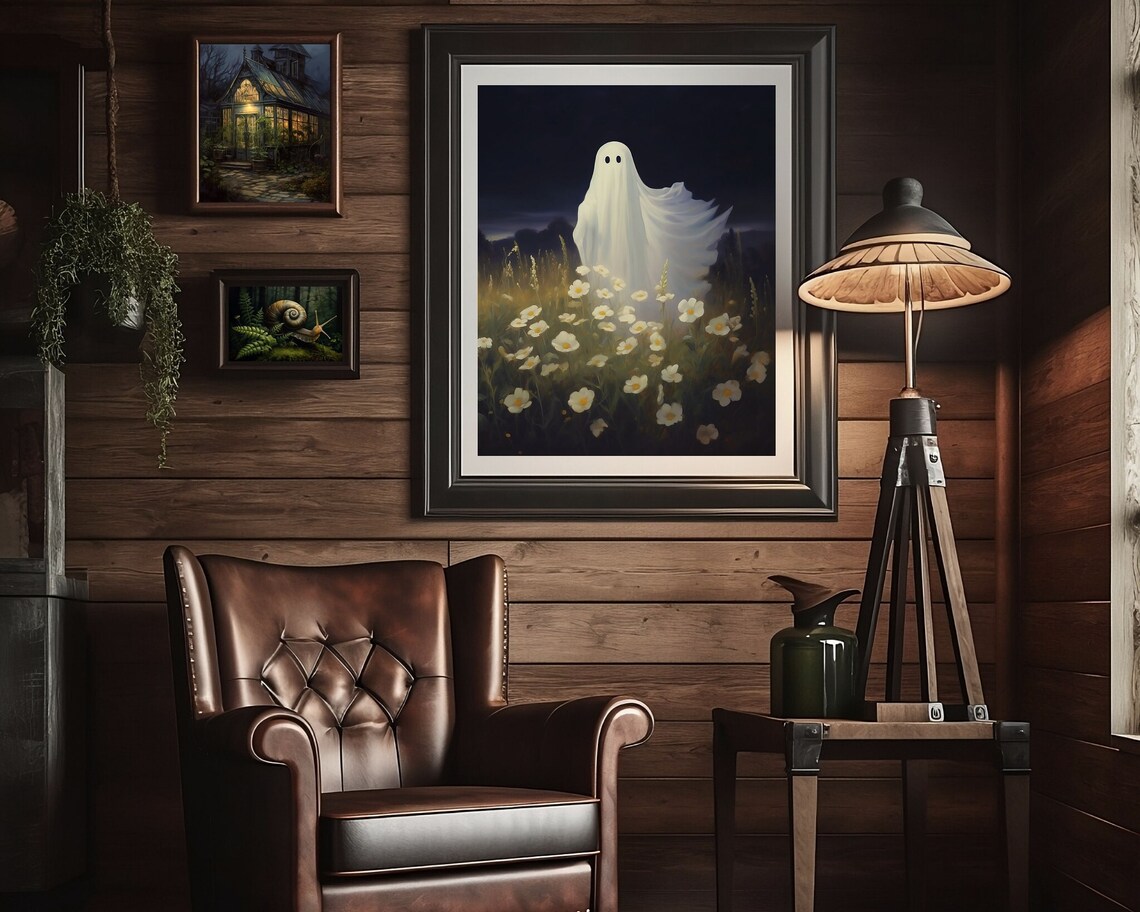 Cute White Ghost Standing Alone In A Night Flower Meadow Poster - Image 3