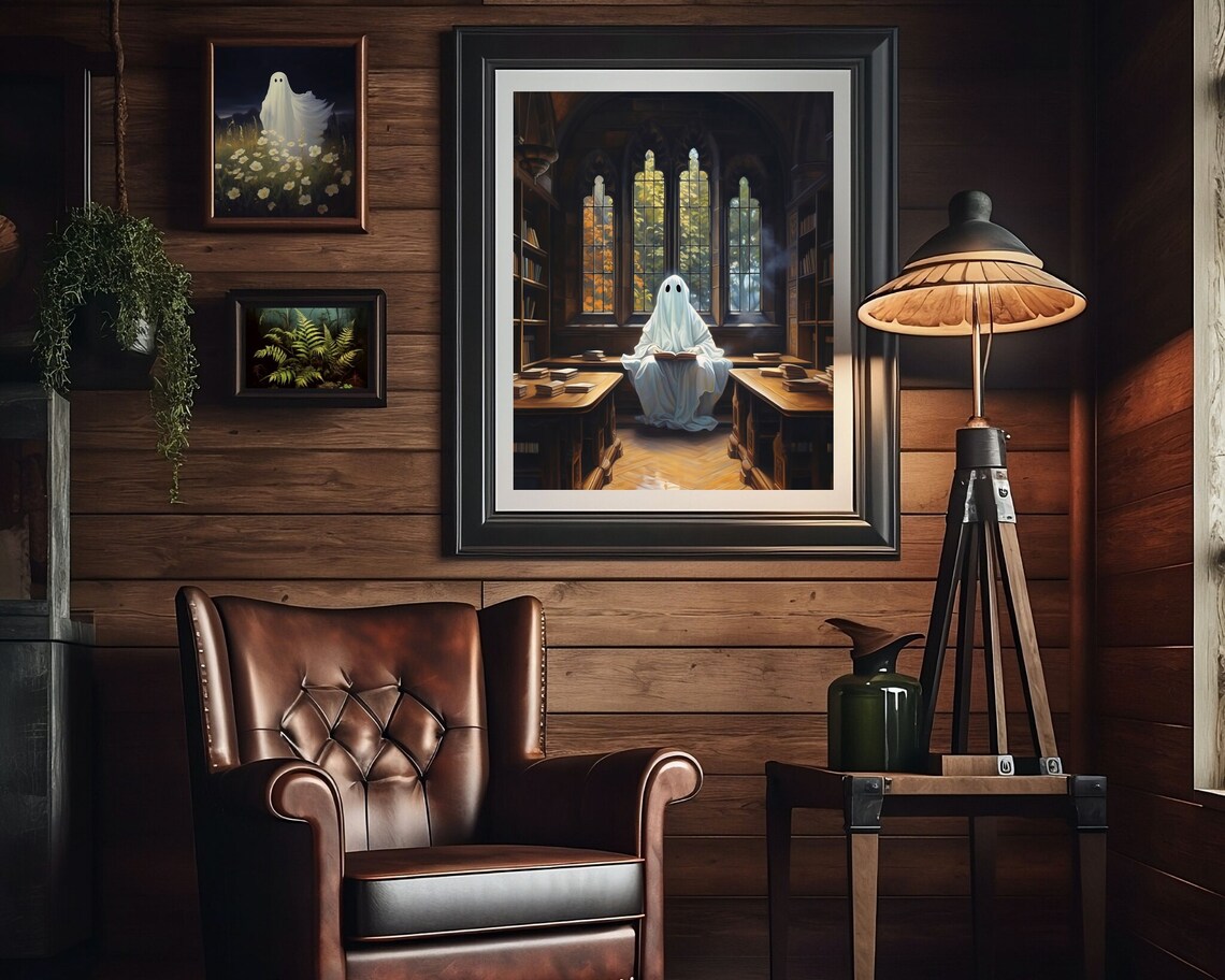 Cute Little Ghost Reading A Book In A Dark Gothic Library Print - Image 3