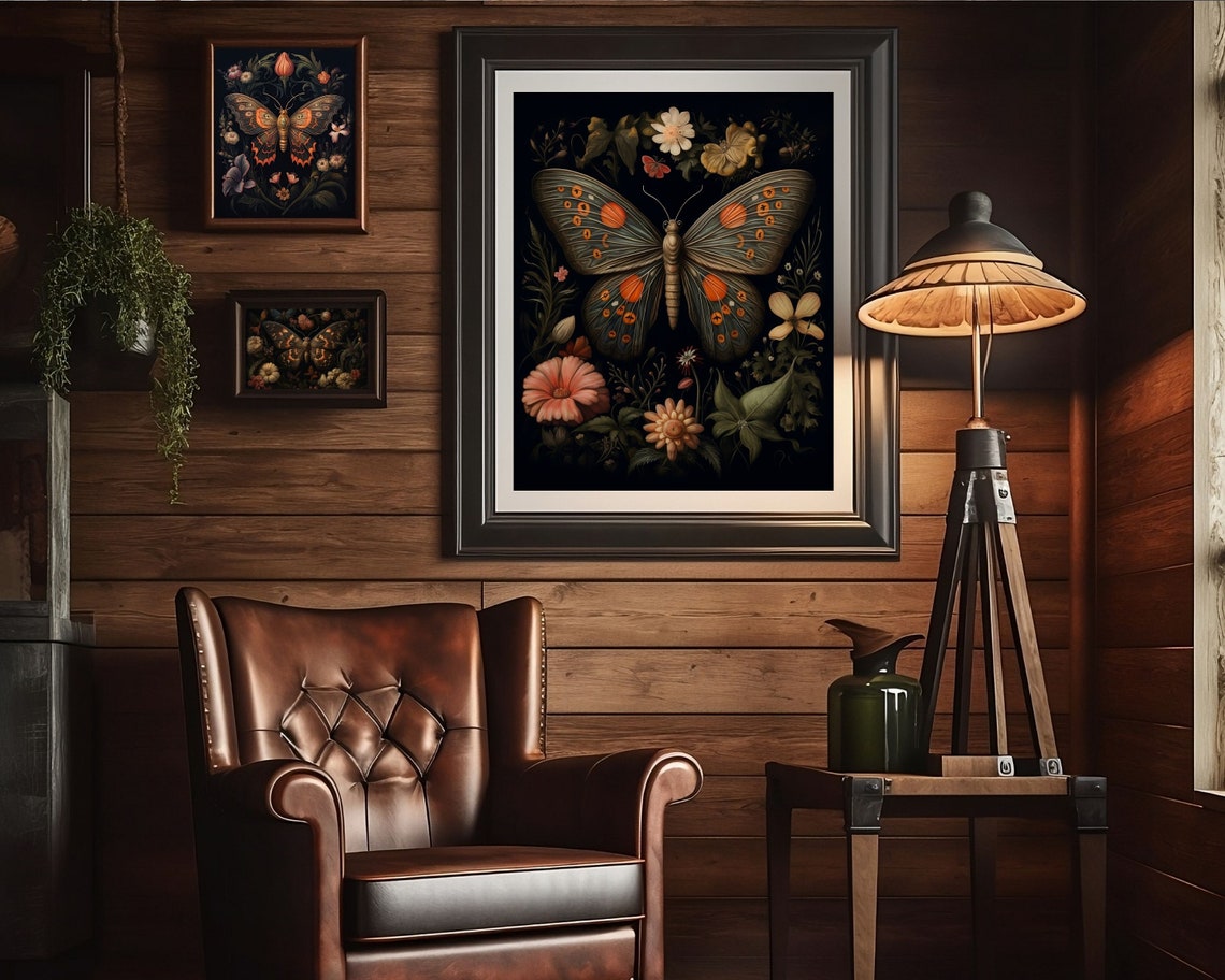 Black Moth Botanical Butterfly, Gothic Cottagecore Art Print - Image 2
