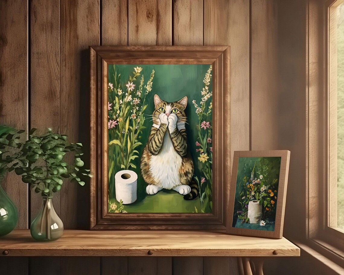 Bathroom Cat Funny Bath Wall Art Toilet Paper Art Green Powder Room Print Cute Whimsical Art Prints Fun Animal Poster Restroom Painting - Image 2