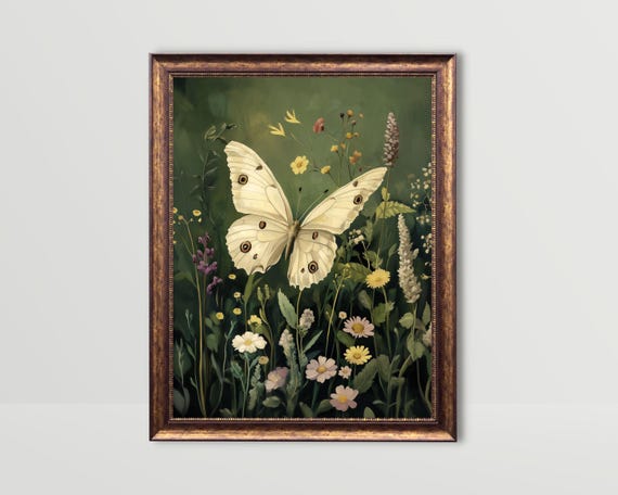 White Butterfly In Wildflowers Dark Green Wall Art Whimsical Art Print Vintage Moody Prints Flower Field Painting Academia Art