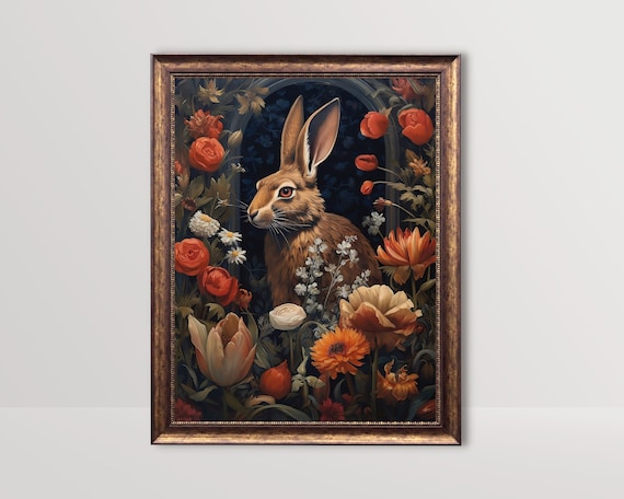 Brown Hare Portrait Among Dark Romantic Flowers Vintage Style Poster