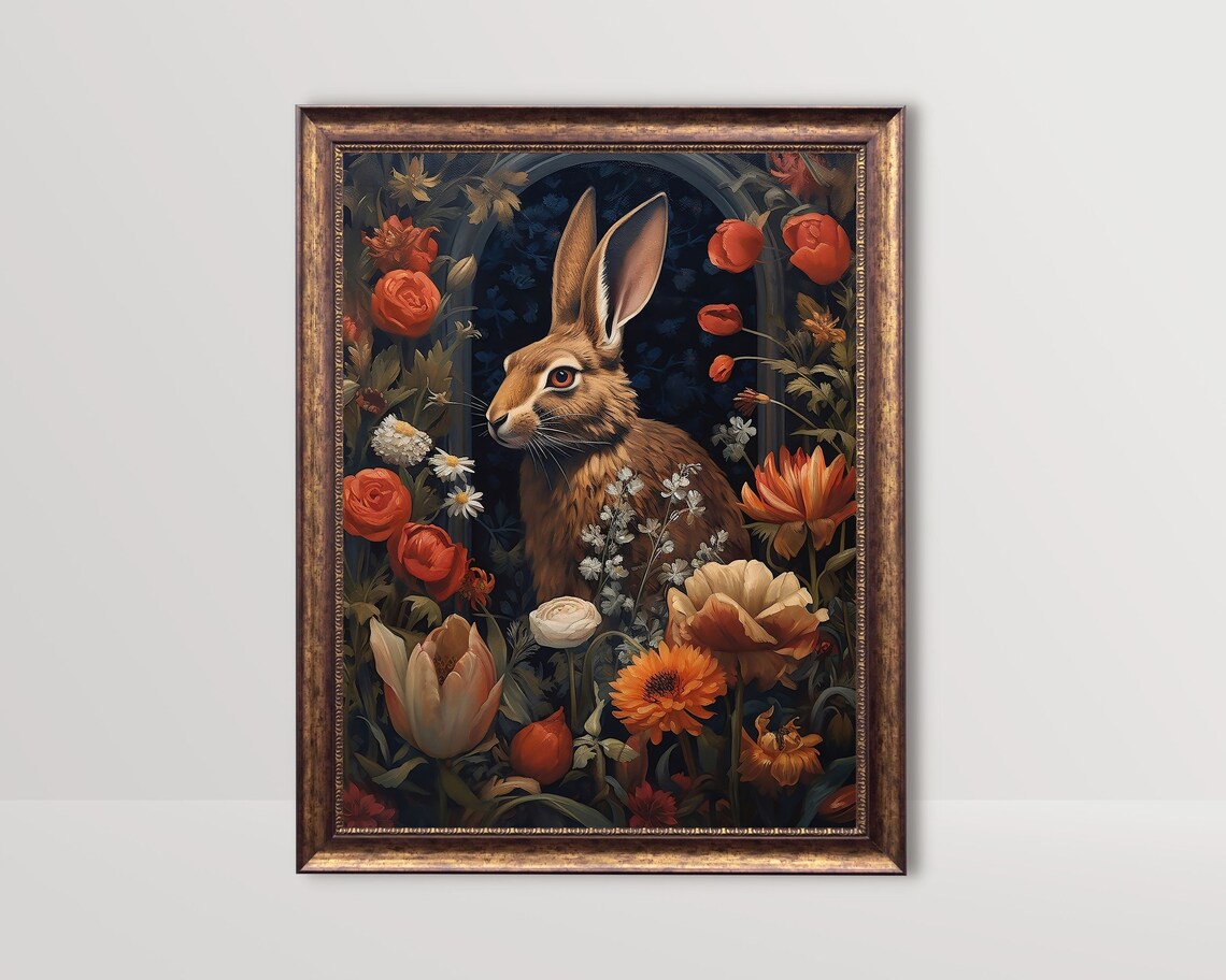Brown Hare Portrait Among Dark Romantic Flowers Vintage Style Poster