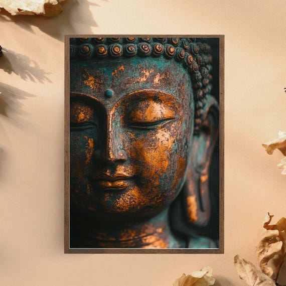 Buddha Face Art Print Zen Meditation Wall Decor Peaceful Buddha Statue Poster Rustic Copper And Teal Buddhist Art Spiritual Home Decor