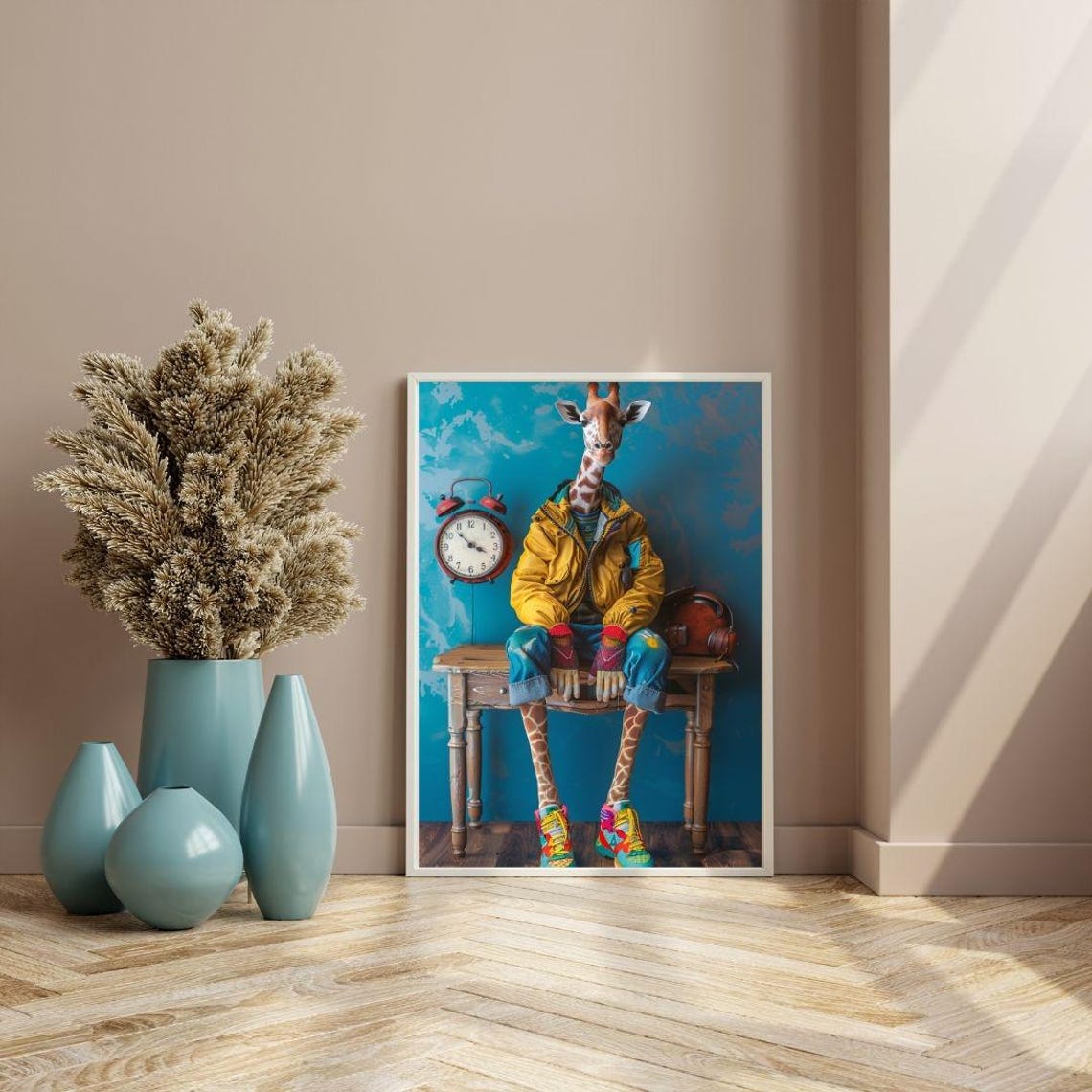 Hipster Giraffe Yellow Jacket Sneakers Quirky Animal Character Poster - Image 3