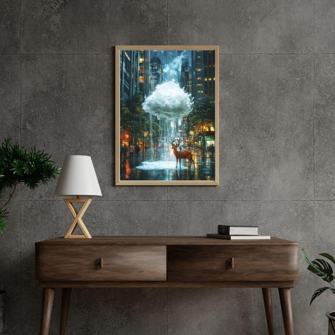 Surreal Floating Cloud Raining Over Deer In City Street Dreamy Night Poster - Image 2