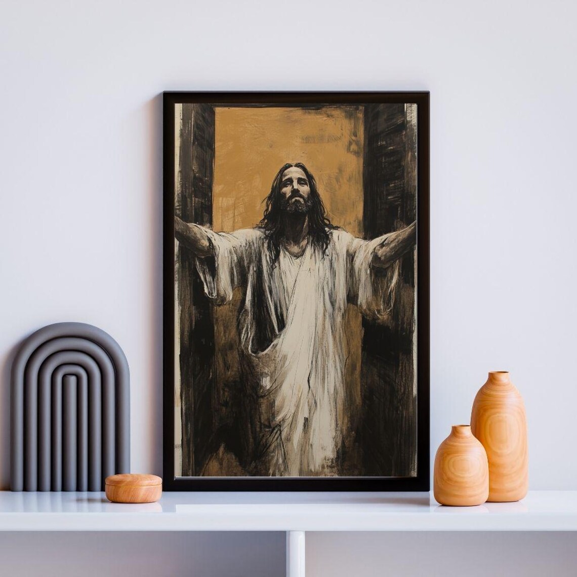 Jesus Christ Resurrection Open Arms Sepia Tone Religious Painting Art Poster - Image 3