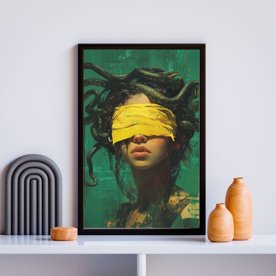 Blindfolded Medusa Art Print Surreal Mythological Wall Decor Bold Modern Portrait Unique Fantasy Artwork
