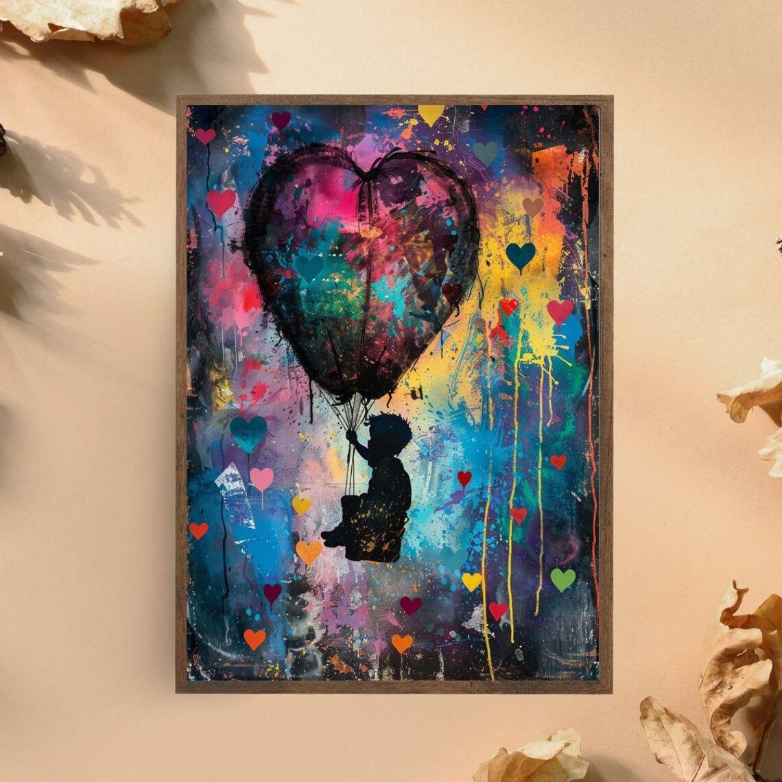 Child With Heart Balloon Colorful Graffiti Street Art Wall Poster