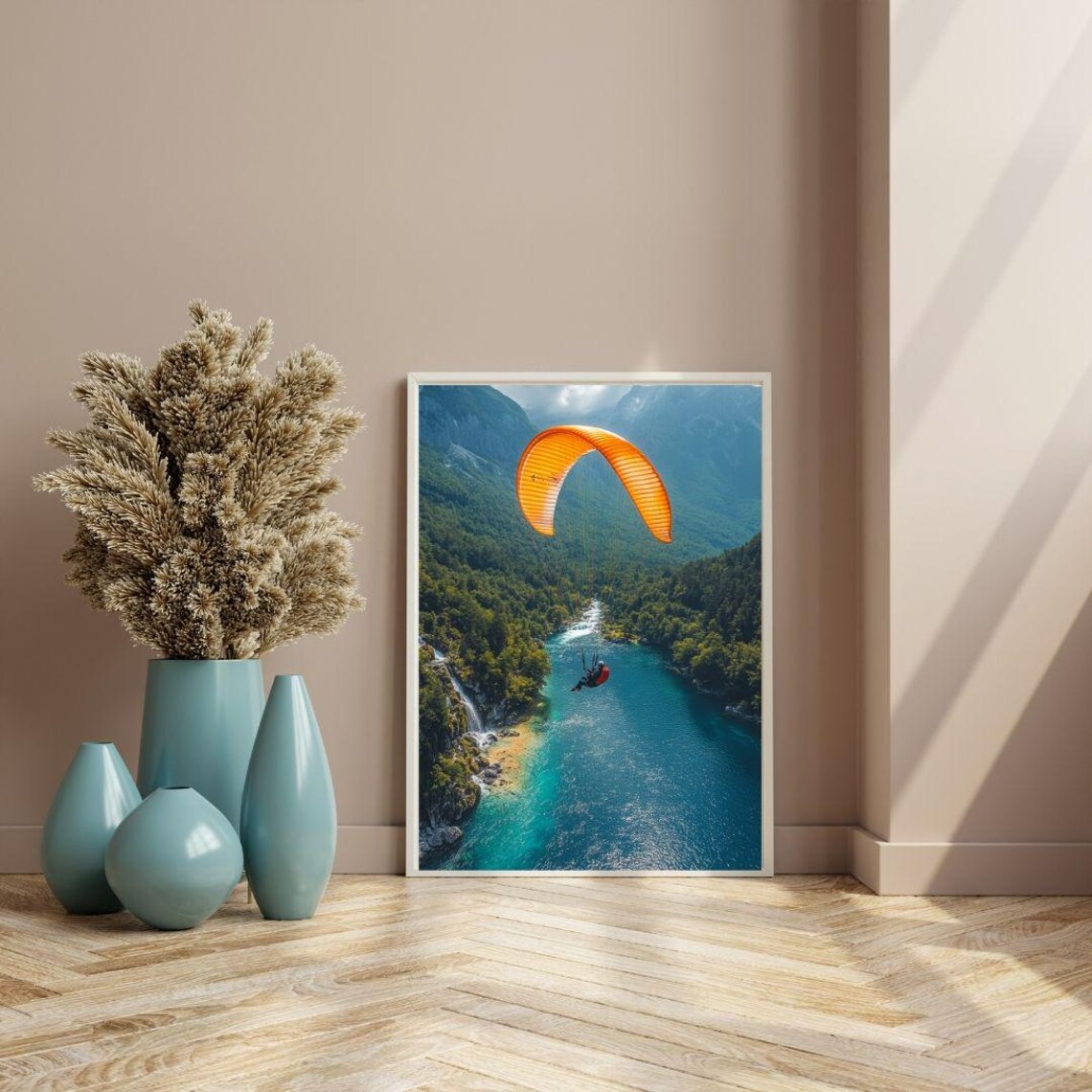 Paragliding Over Turquoise Mountain River Orange Canopy Adventure Poster - Image 3