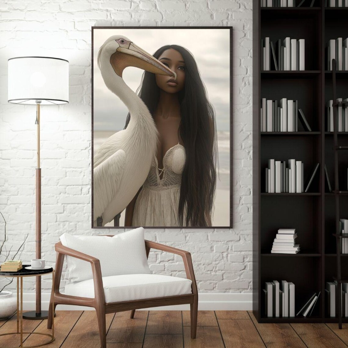 Woman And Pelican Beach Portrait Serene Fantasy Coastal Art Poster - Image 3
