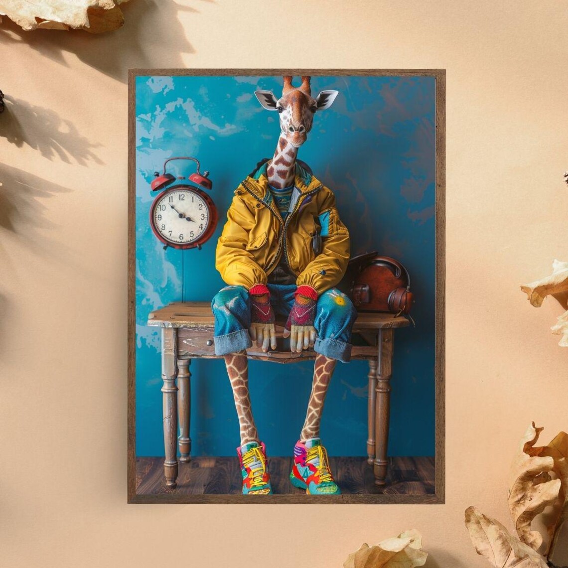 Hipster Giraffe Yellow Jacket Sneakers Quirky Animal Character Poster