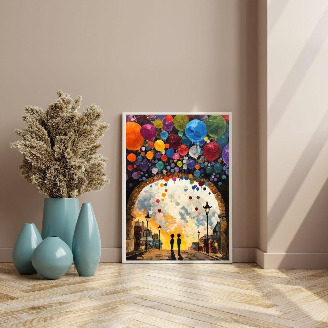 Two Kids Under Arch Colorful Balloons Sunset Street Painting Poster - Image 3