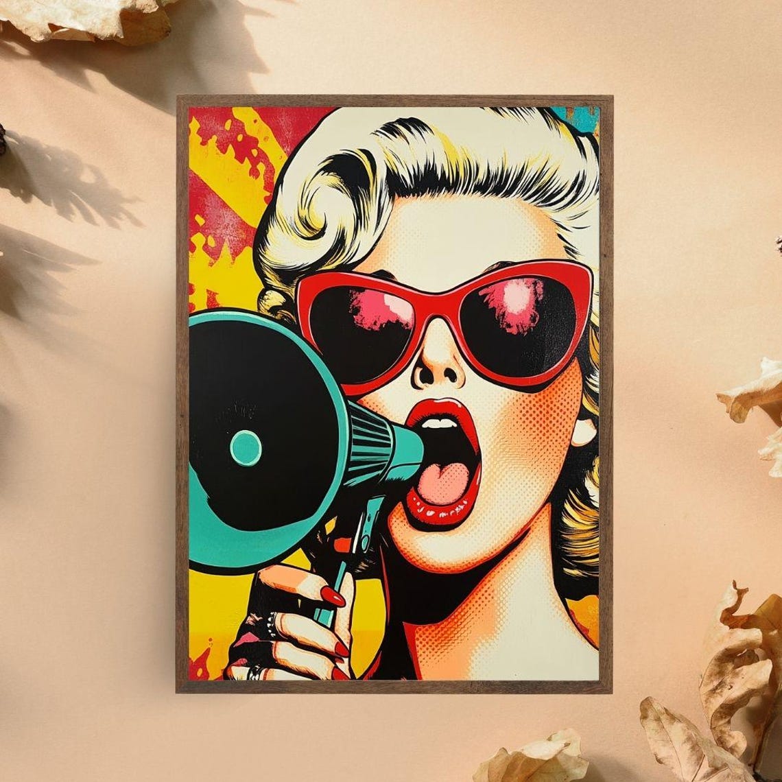 Retro Pop Art Woman With Megaphone Vibrant Modern Wall Art Bold Feminist Decor Colorful Statement Print