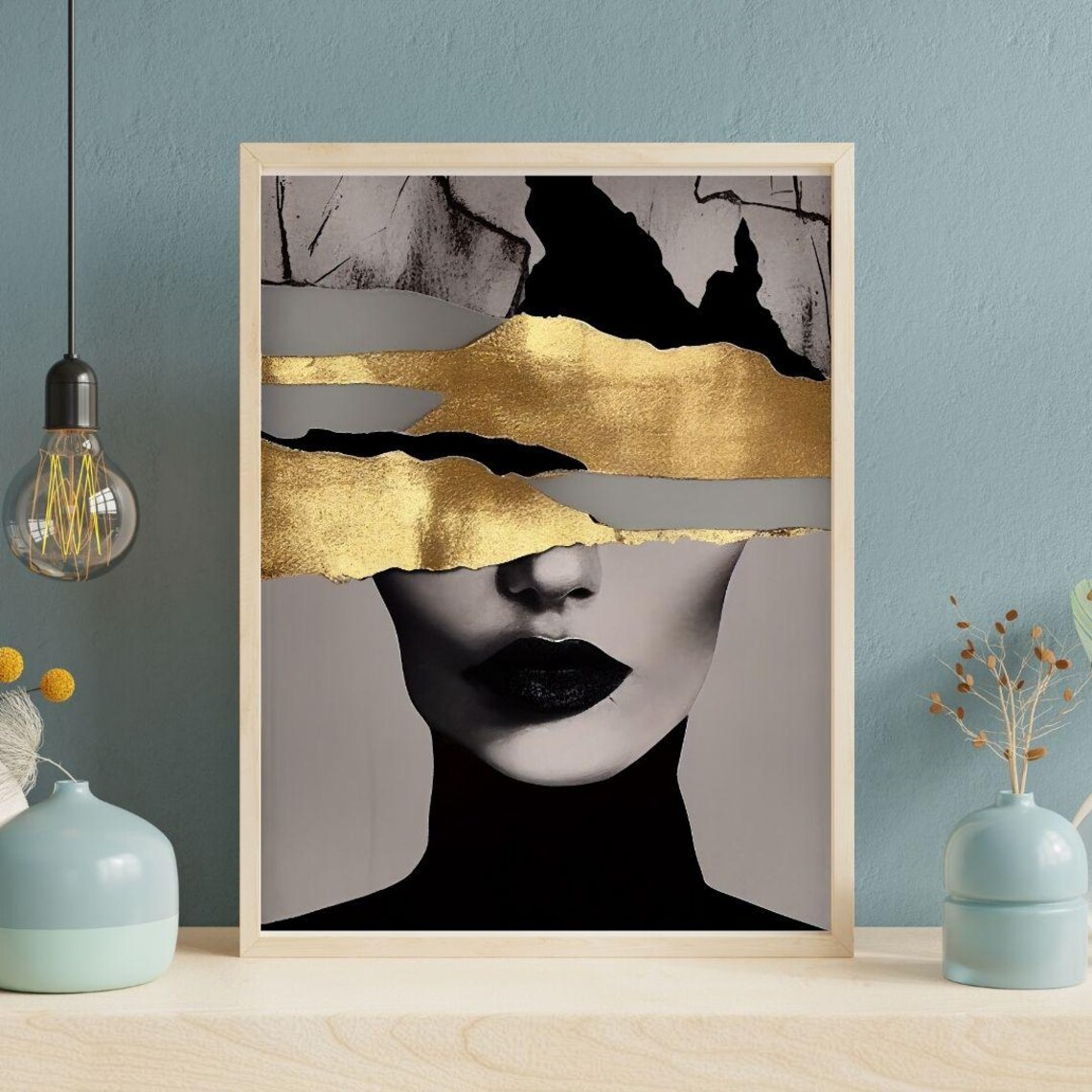 Modern Minimalist Woman Portrait With Gold Foil Bands Luxury Black Gold Poster - Image 2