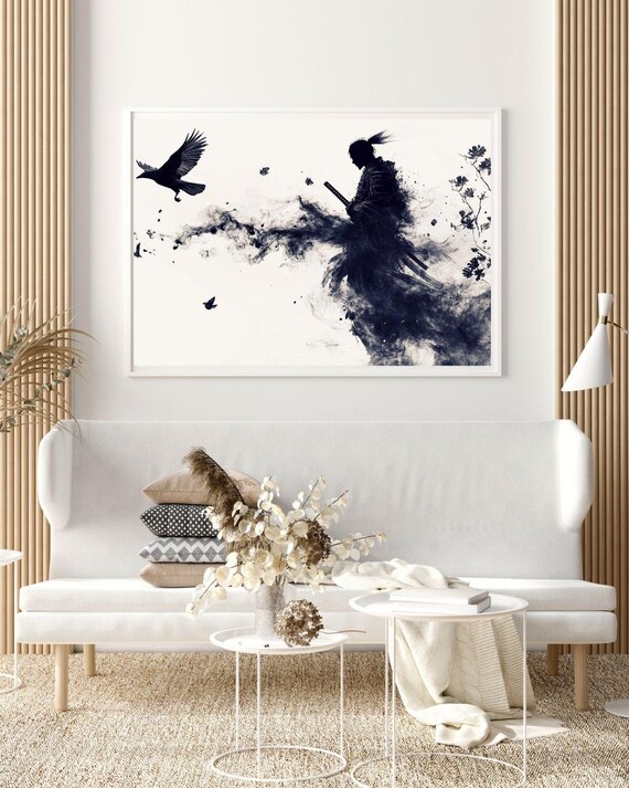 Samurai Ink Splash Dynamic Japanese Warrior Crows Black And White Art Poster