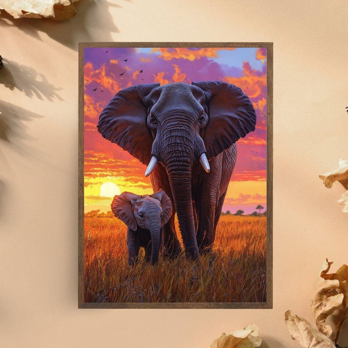 Elephant Mother And Calf Sunset Print African Safari Wildlife Art Poster
