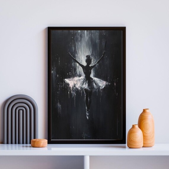 Black White Ballerina Silhouette Tutu Dramatic Dance Art Poster