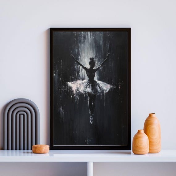 Ethereal Black White Ballerina Painting Graceful Dance Art Print For Ballet Lovers Elegant Wall Art For Home Decor