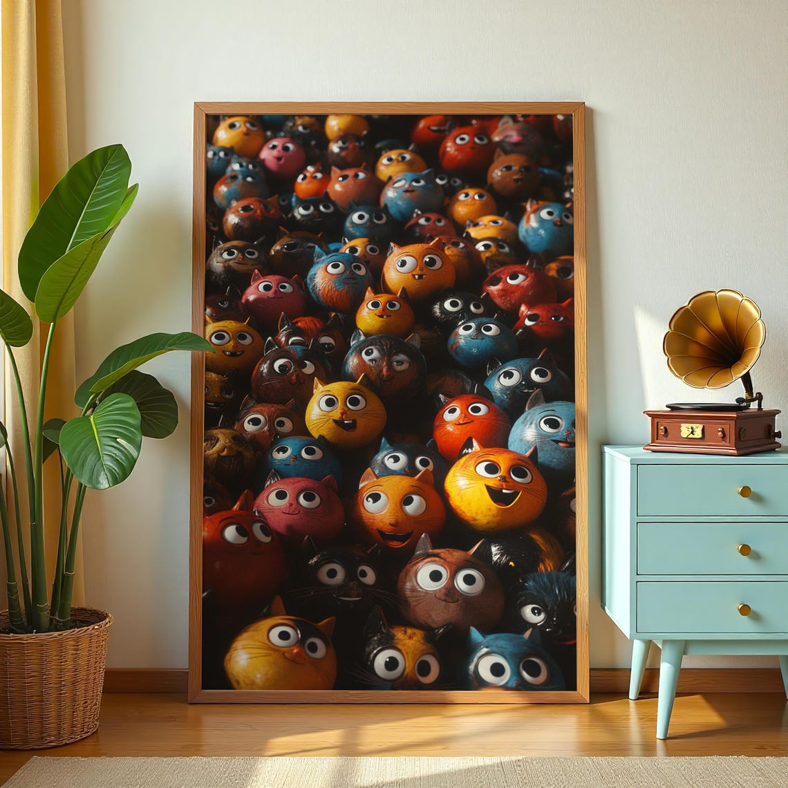 Colorful Round Cat Heads Crowd Cute Kitten Whimsical Art Poster - Image 2