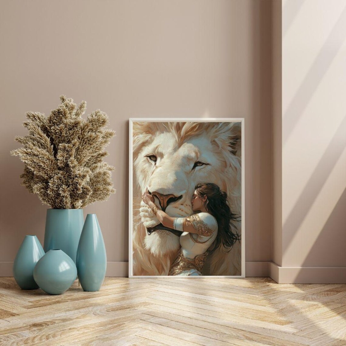 White Lion And Woman Ethereal Bond Majestic Animal Harmony Courage Art Poster - Image 3