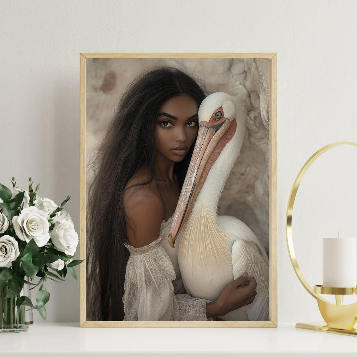 Serene Nature Landscape Fantasy Art Painting Of Woman And Pelican By The Coast Perfect Wall Art For Peaceful And Elegant Home Dcor