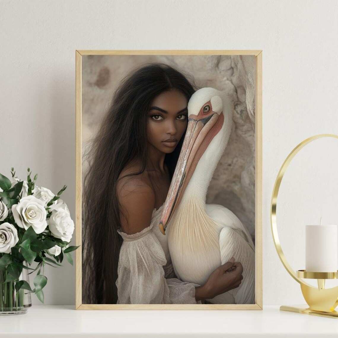 Woman With White Pelican Portrait Elegant Nature Wildlife Art Poster
