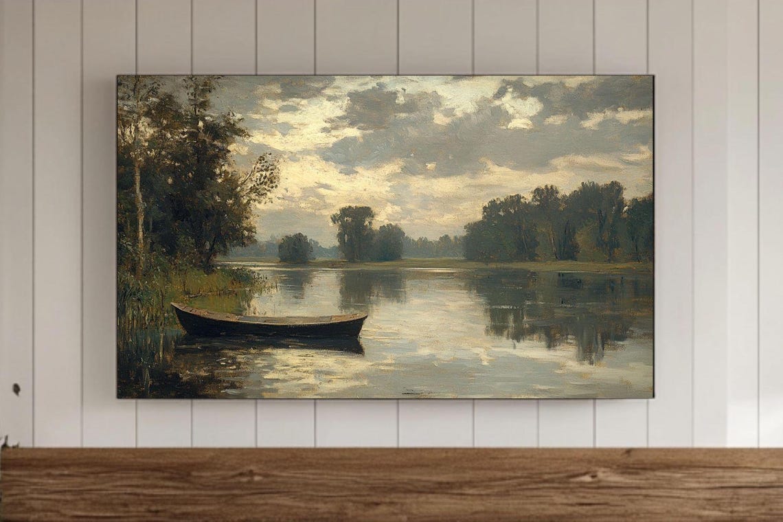 Canoe on Misty River at Dawn Vintage Oil Painting Landscape Poster