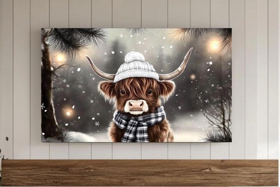 Baby Highland Cow Wearing Knit Hat And Plaid Scarf In Snowfall Poster