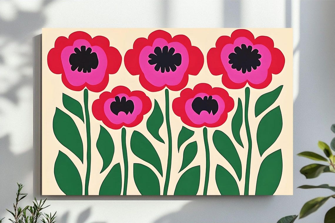 Five Retro Pop Flowers Red Pink Petals Black Centers Art Poster