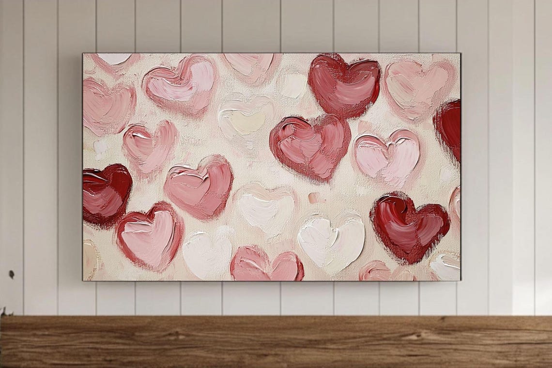 Vintage Pink Red Hearts Impasto Love Painting Valentine Wall Art