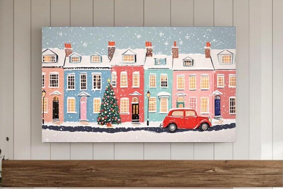 Charming Christmas Village Row Houses Snowy Night Art Poster