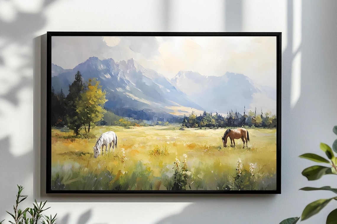 Two Horses Grazing In Golden Meadow With Mountain View Horse Poster