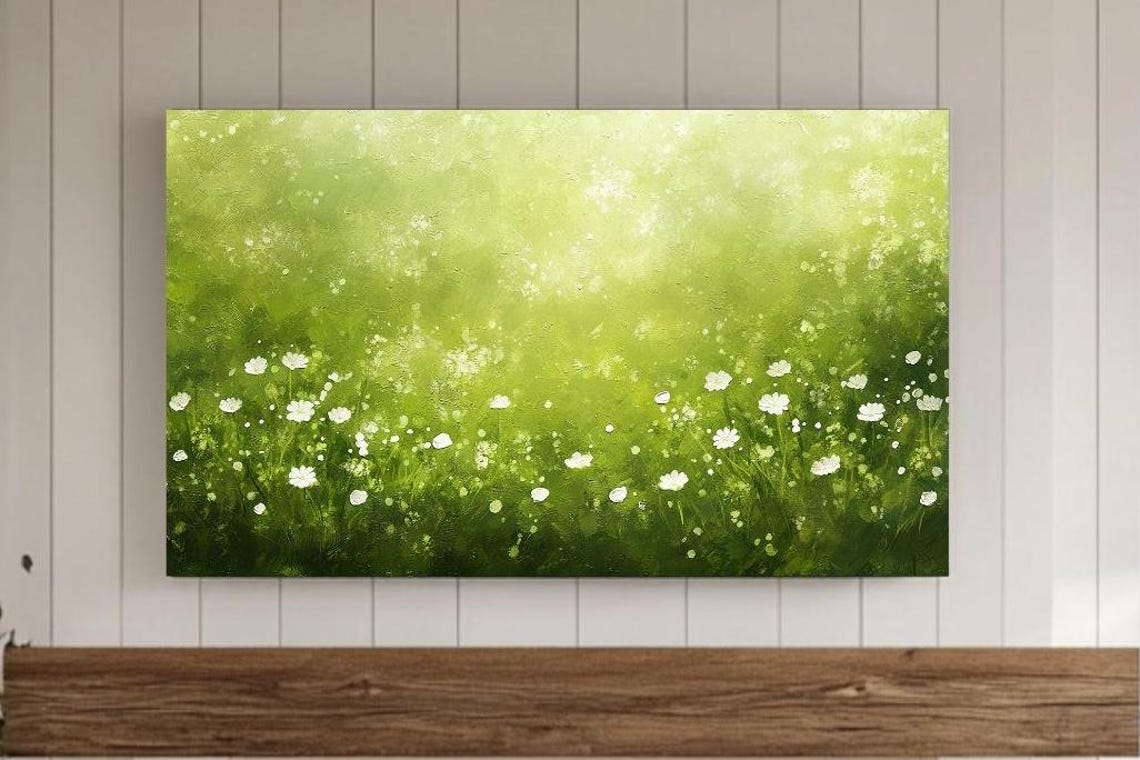 Sunlit Daisy Meadow Spring Wildflowers Bright Green Art Poster