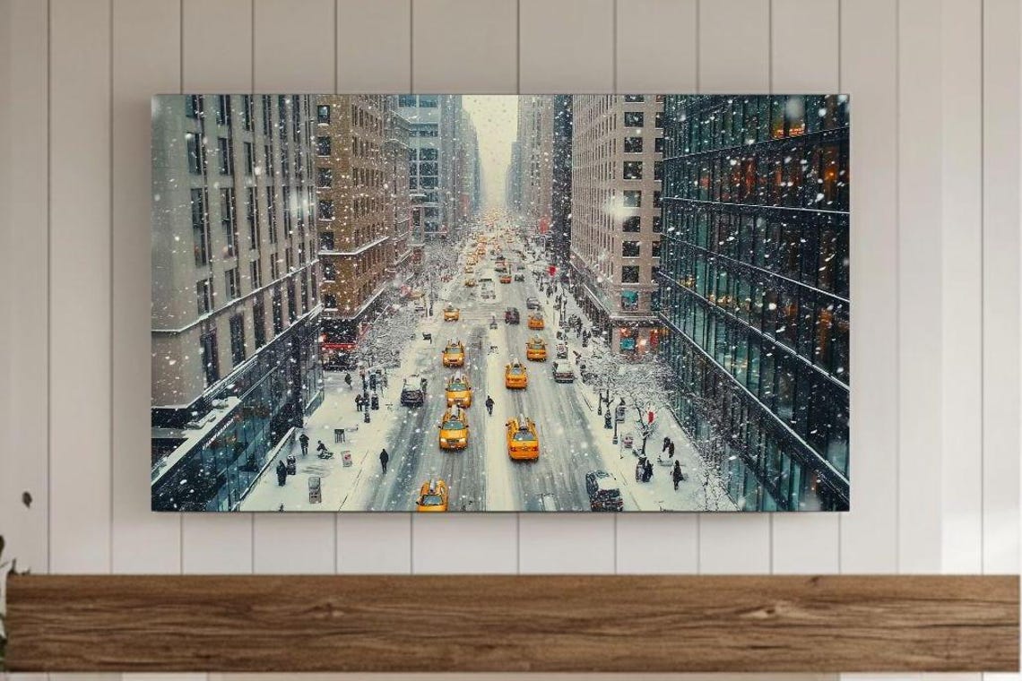 Yellow Taxi Cabs Snowy Manhattan Avenue Winter Skyline Poster