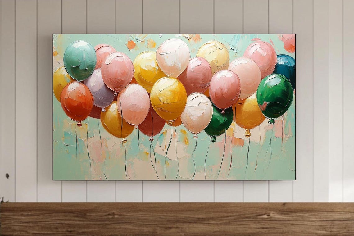 Pastel Painted Balloons on Mint Background Whimsical Art Poster