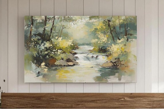 Forest Stream Waterfall Painting Impressionist Spring Landscape Poster