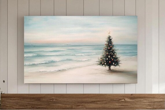 Beach Christmas Tree Ocean Sunset Coastal Holiday Art Poster