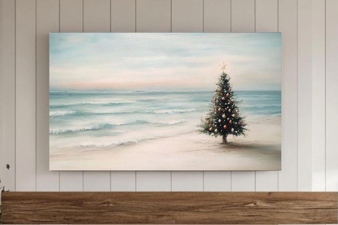 Beach Christmas Tree Ocean Sunset Coastal Holiday Art Poster