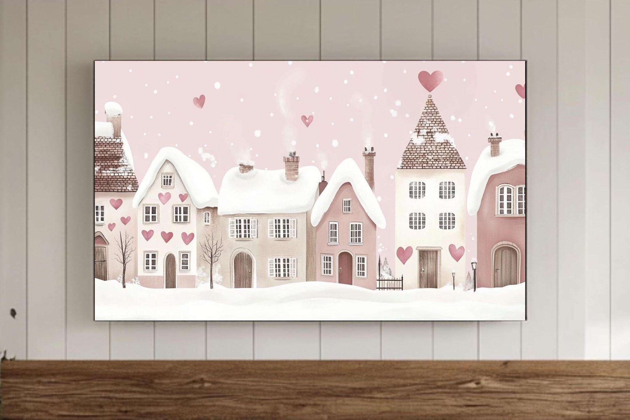 Cozy Pink Winter Village With Hearts Snowy Christmas Scene Poster