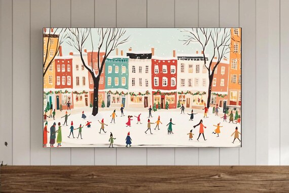 Winter City Square Ice Skaters Colorful Buildings Holiday Poster