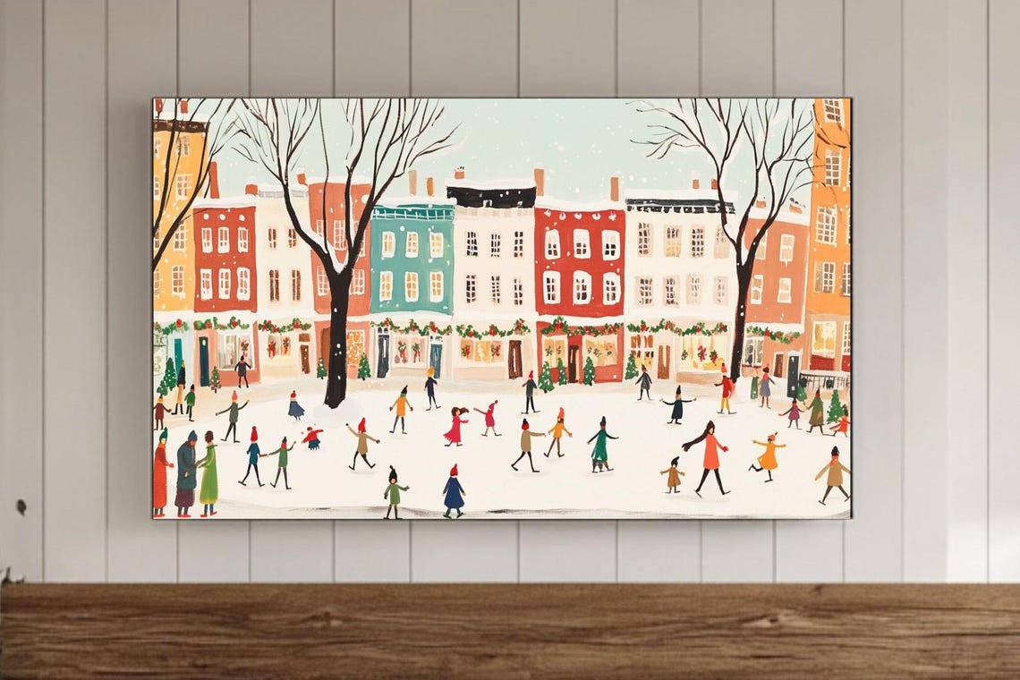 Winter City Square Ice Skaters Colorful Buildings Holiday Poster