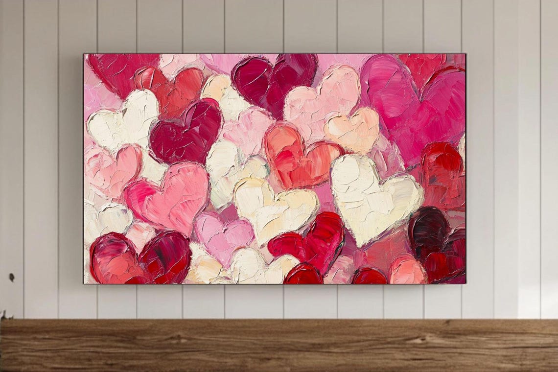 Cream White Pink Red Hearts Impasto Romantic Love Painting Wall Art