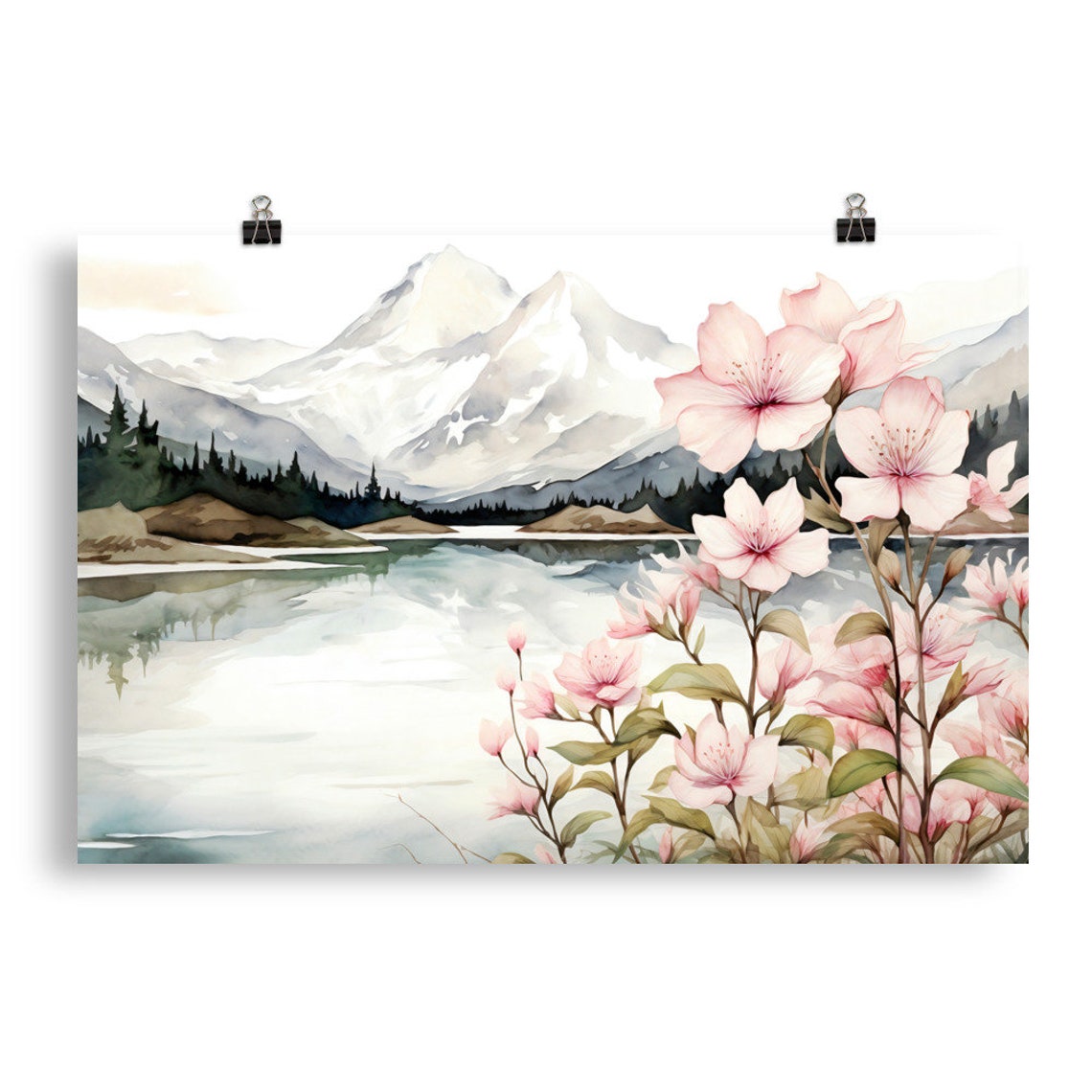 Snowcapped Mountain Lake Pink Blossom Branches Watercolor Poster - Image 5