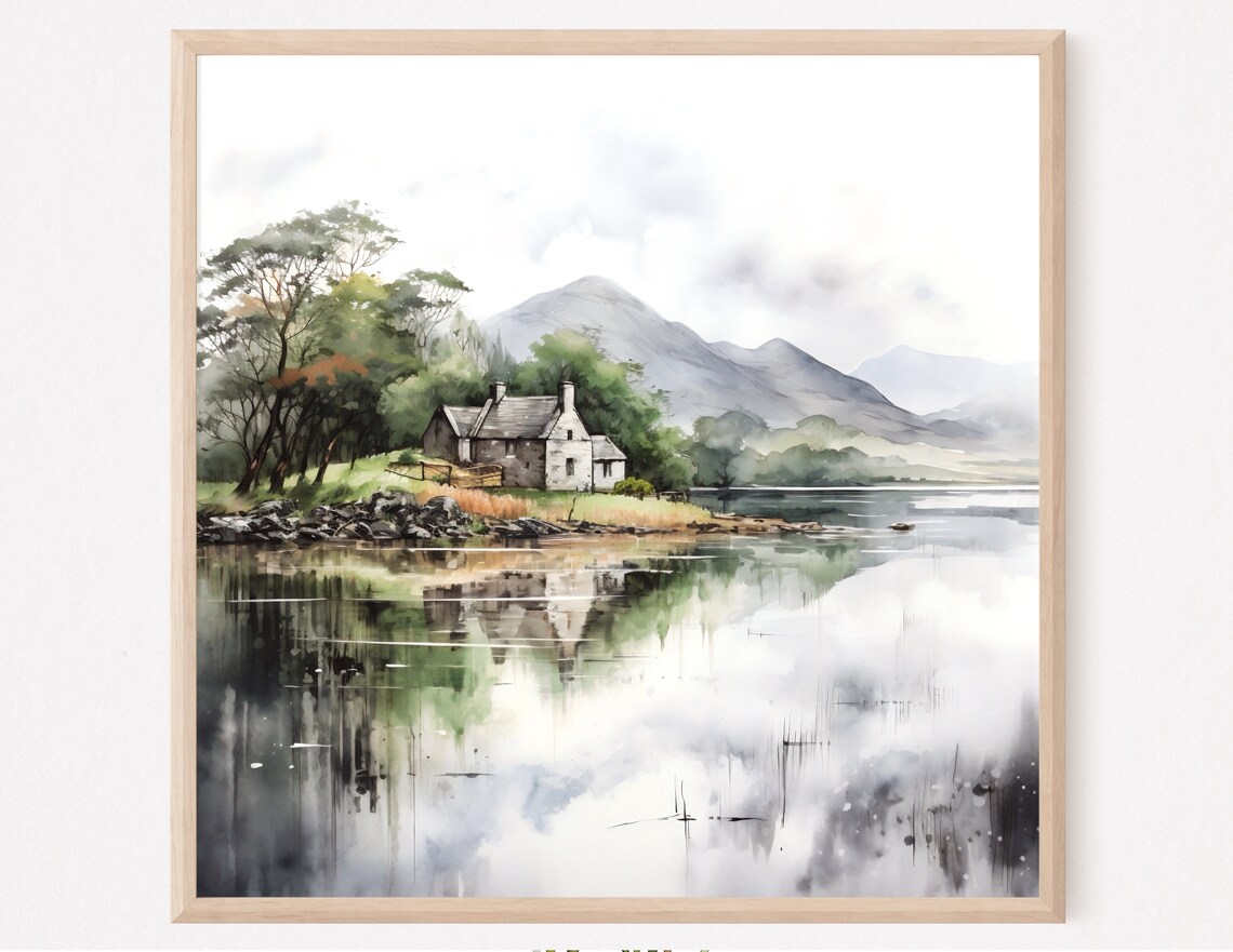 Ireland Stone Cottage Lake Reflection Misty Mountains Art Poster