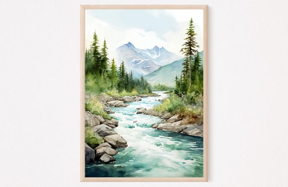 Mountain River Art Watercolor Painting Large Wall Art Mountains Forest Art Print Neutral Artwork Nature Watercolor Landscape