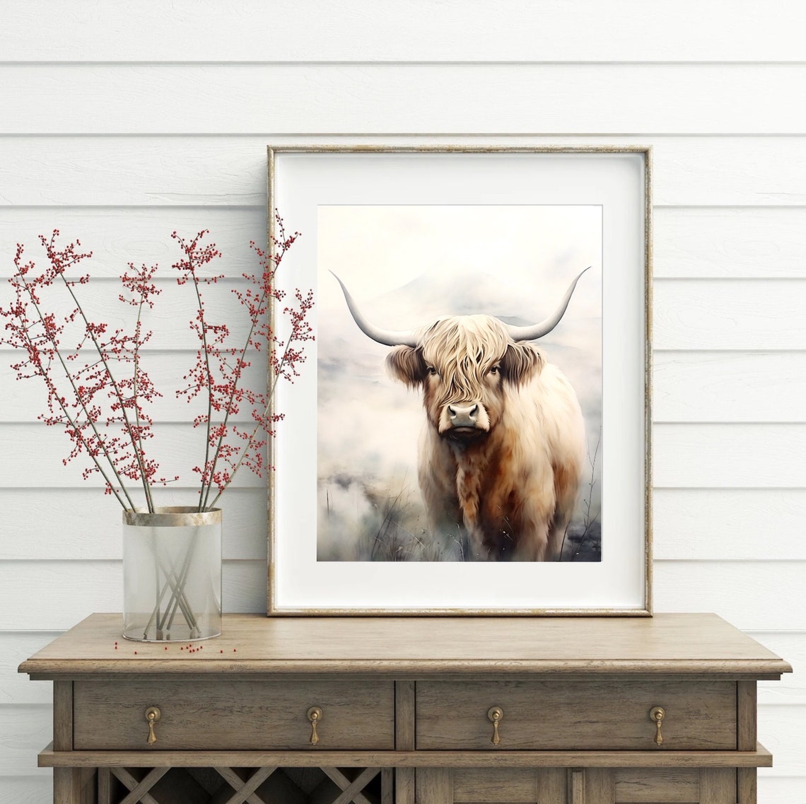Highland Cow Portrait Shaggy Longhorn Watercolor Rustic Art Poster - Image 5