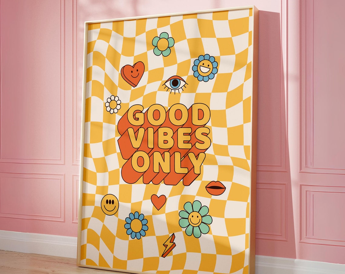 Good Vibes Only Yellow Checkered Retro Smiley Positive Quote Poster